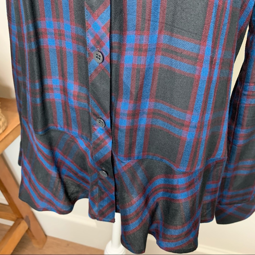 Cabi Moody Plaid Check Peplum Button Down Top - Gem